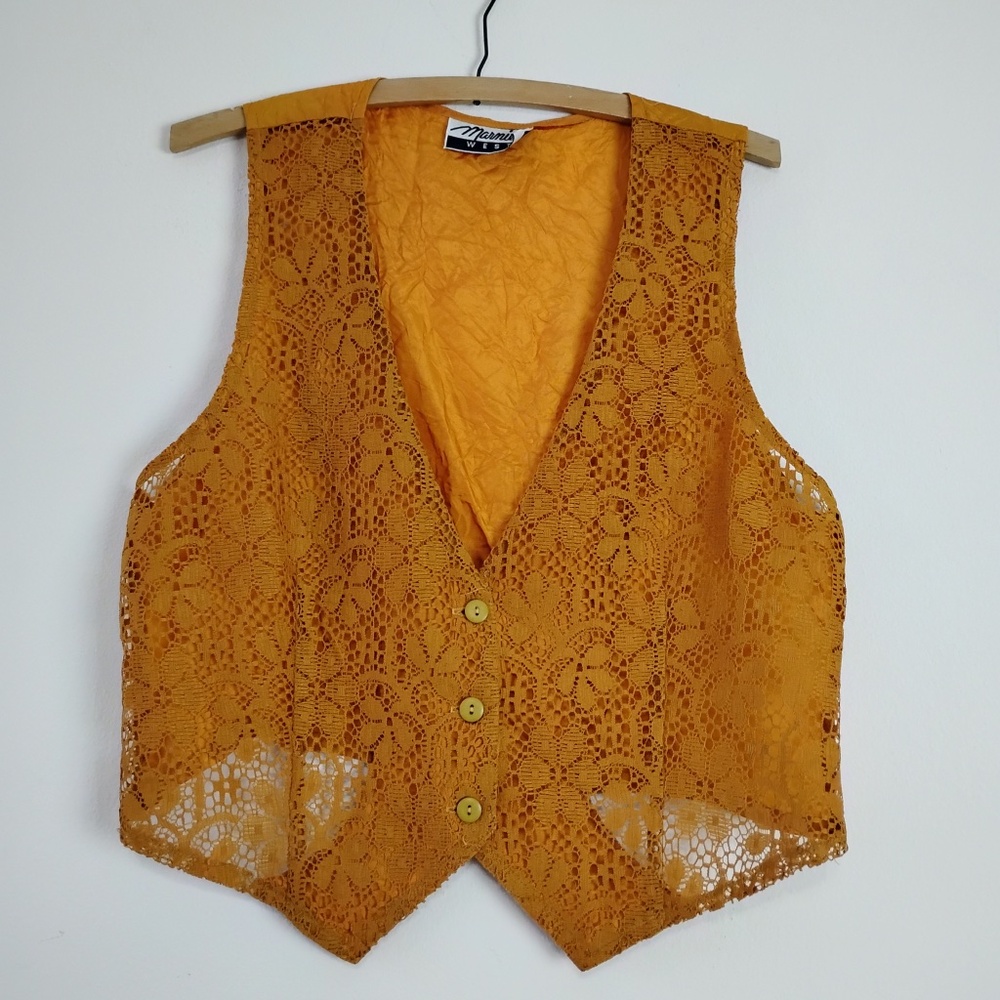 VINTAGE Marnie West Women's Vest Lace Satin Size Medium Marigold Grandmacore